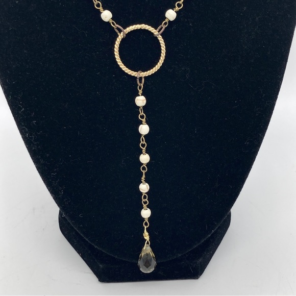 BHD Y-Drop Necklace 2 Chain Multilayer Gold Tone Faceted Teardrop Accent - Picture 3 of 7